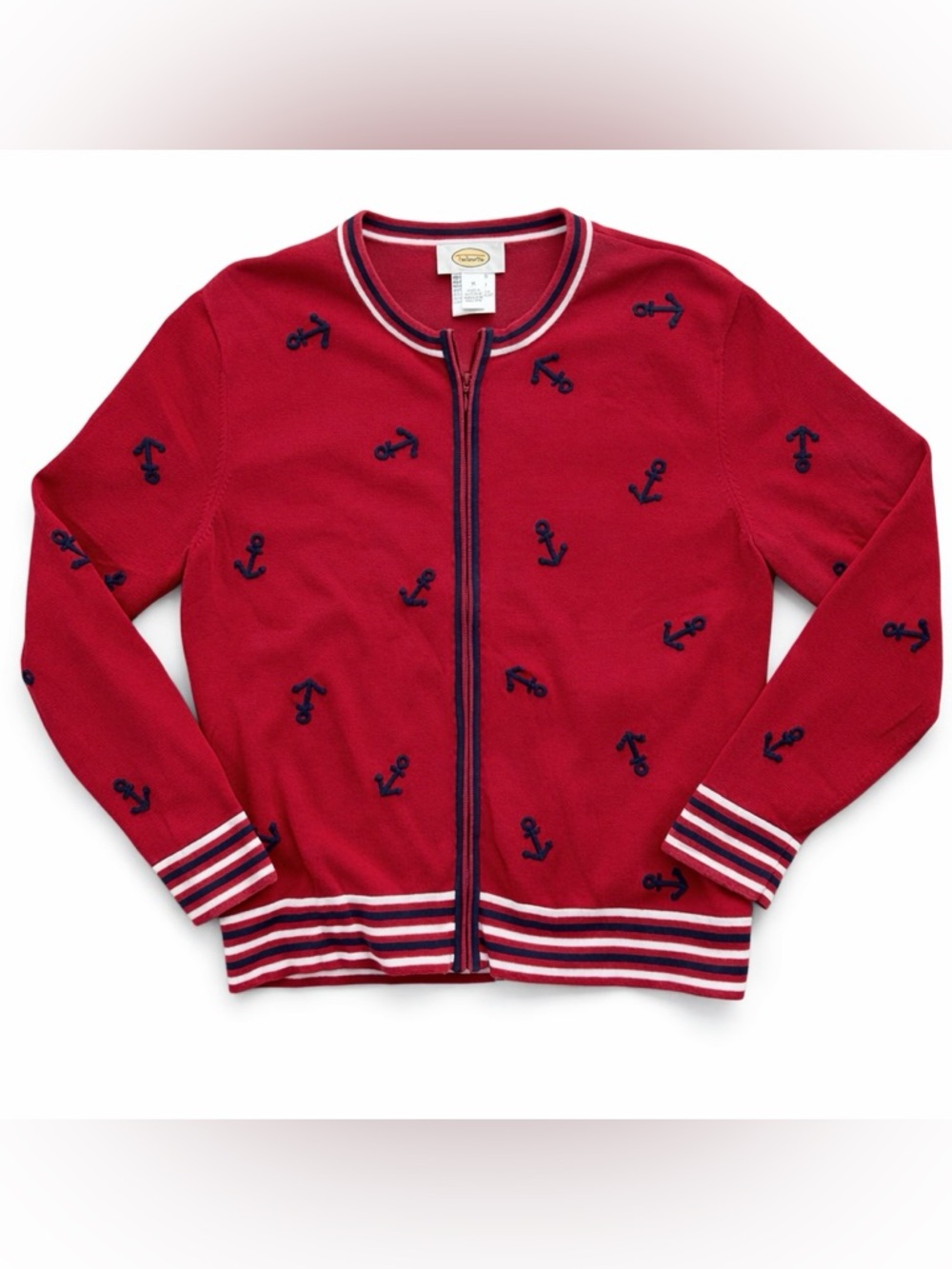 Vintage Talbots Red Zip-Up Anchor Embroidered Cardigan
